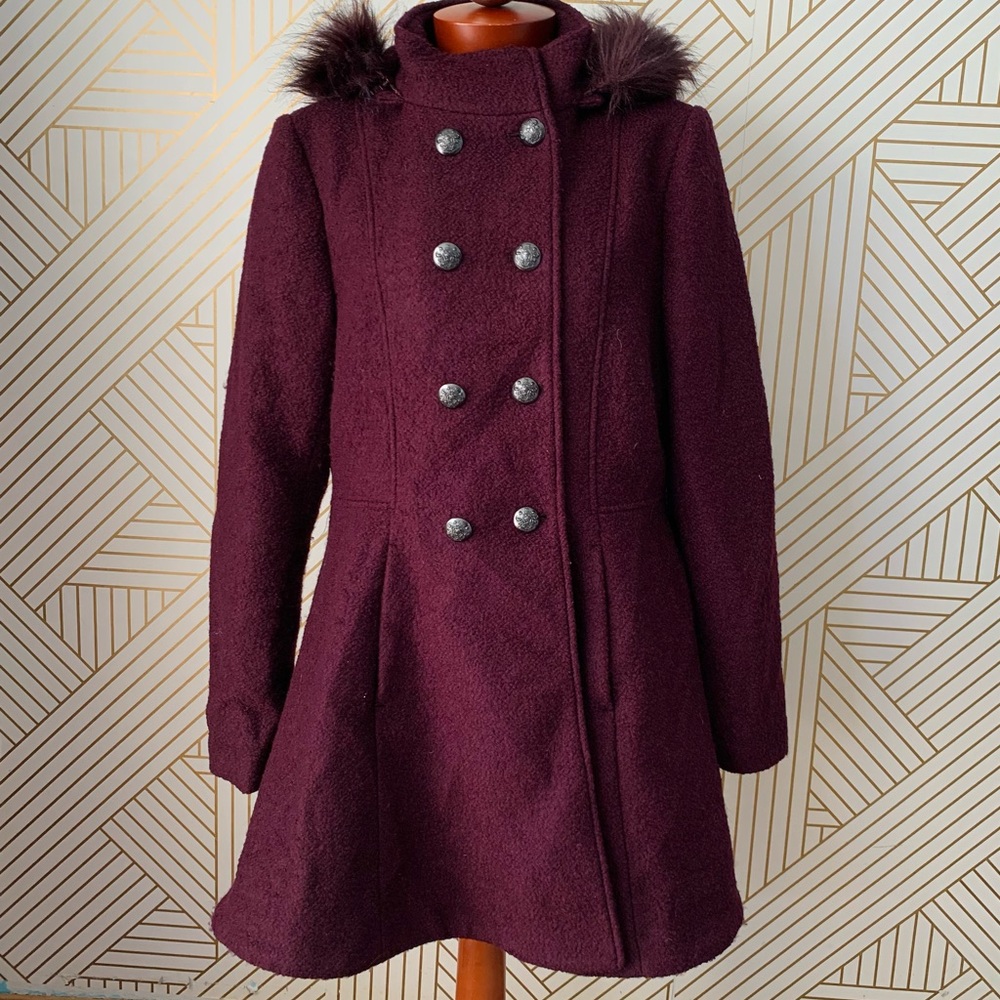 Liz Claiborne Wool blend Flare Princess Peacoat Fur double breasted Hood red XL